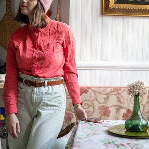 Coral dark orange white polka dot shirt